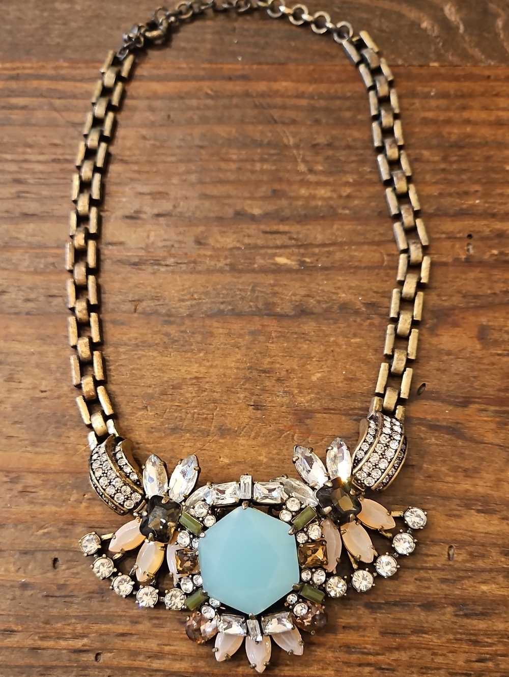Vintage J crew Statement Floral Crystal Necklace in Light Blue and Gold